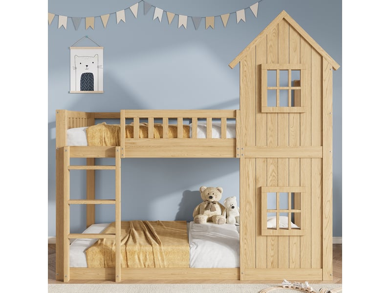  Lit superposé enfant 90x200 cm forme maison avec 2 fenêtres et escalier 3 marches, bois et mdf, naturel sans matelas  - Conforama D