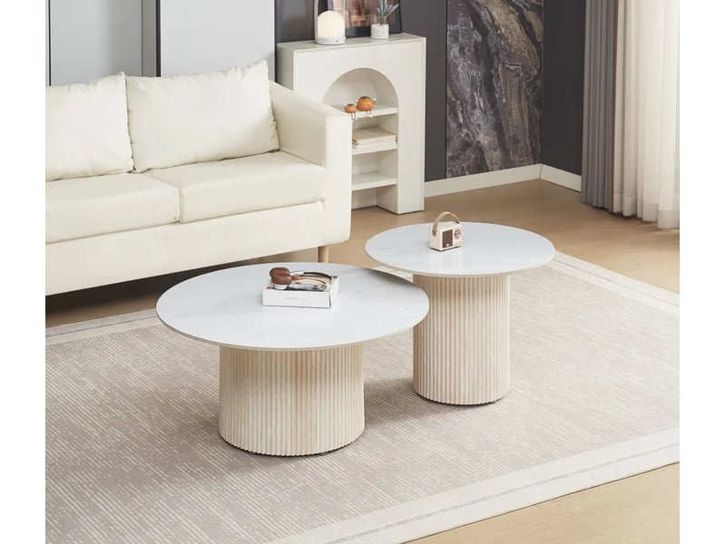  Duo tables gigognes rondes céramique marbre blanc &amp; pied travertin ø80 cm – baieta  - Conforama B