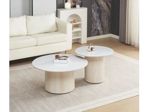 Duo tables gigognes rondes céramique marbre blanc & pied travertin ø80 cm – baieta