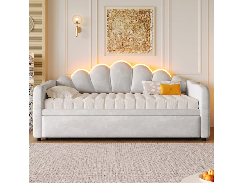  Lit gigogne 90x200 cm avec éclairage led, revêtement en velours gris  - Conforama D
