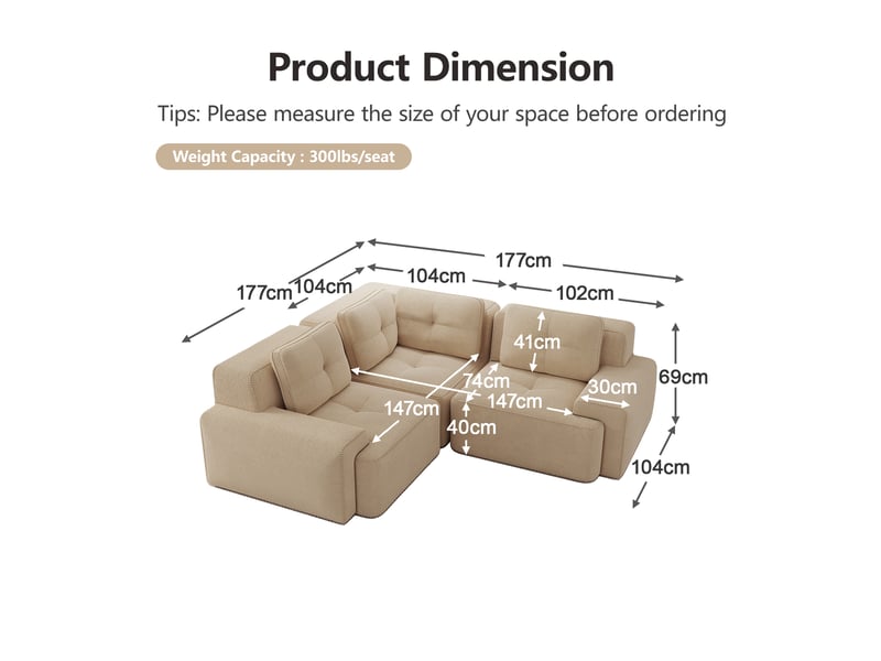  Canapé d'angle modulaire avec assise profonde, confort enveloppant et base antidérapante, en tissu côtelé beige  - Conforama E