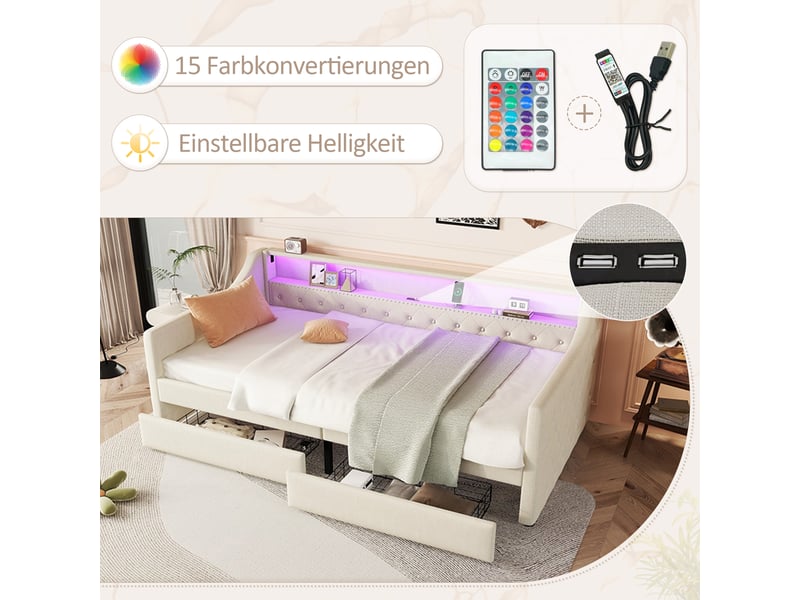  Lit de jour 90x200 cm canapé lit en lin beige avec éclairage led télécommandé et 2 tiroirs  - Conforama D