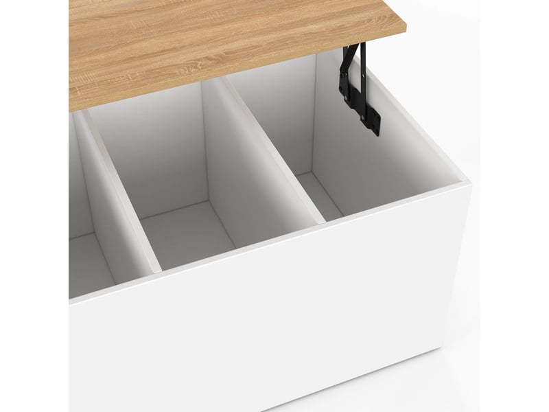  Table basse plateau relevable rectangulaire elea 100 cm avec grand coffre bois blanc et façon hêtre  - Conforama E
