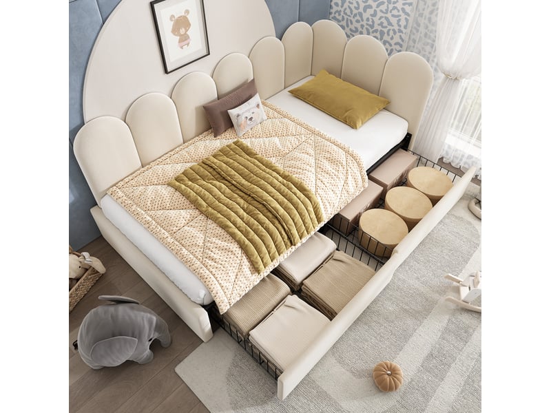  Lit simple 90x200 cm avec 2 tiroirs en velours beige  - Conforama D