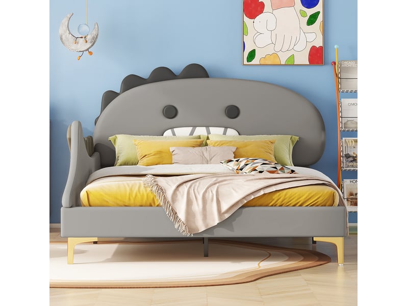  Lit enfant dinosaure 140 x 200 cm en pu et mdf avec sommier à lattes gris  - Conforama D