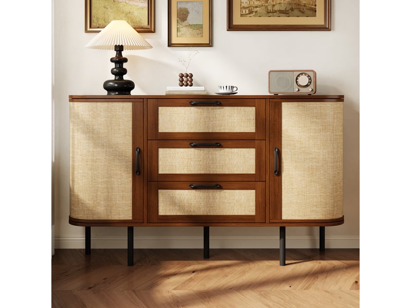 Buffet moderne en mdf, 2 portes effet tressé, 3 tiroirs, pieds métal noirs - Conforama B