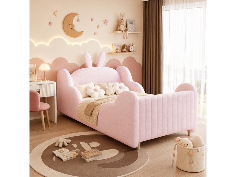  Lit enfant 90x200 cm rembourré avec coussin lapin et côtés nuage, rose  - Conforama B