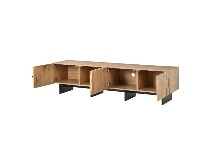  Meuble tv 180 cm – 4 portes, grilles gaufre, bois naturel – 180×38,5×45 cm, support tv 75 pouces  - Conforama E