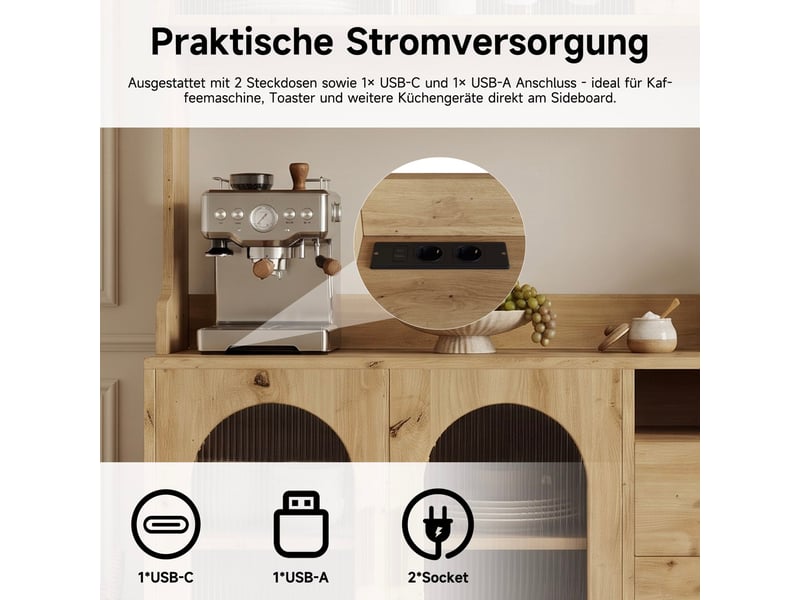  Buffet haut de salle à manger coloris bois avec prises et ports usb 120x40x178 cm N634D0054N - Conforama E
