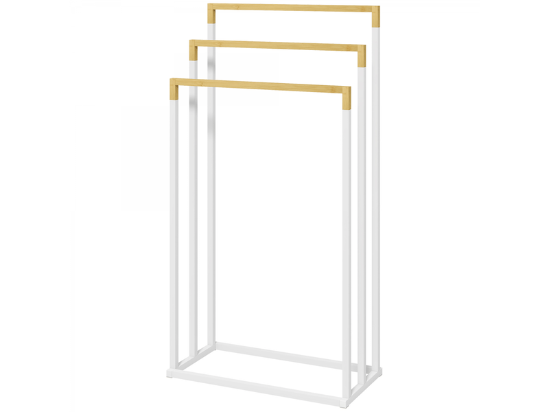  Porte-serviettes en bambou et acier sur pieds avec 3 barres support pour serviette 45x22,5x86cm blanc et naturel  - Conforama B