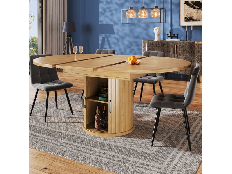  Table de salle à manger extensible ronde en mdf finition bois clair, 118 à 158 cm, jusqu'à 6 personnes, avec rangement  - Conforama E