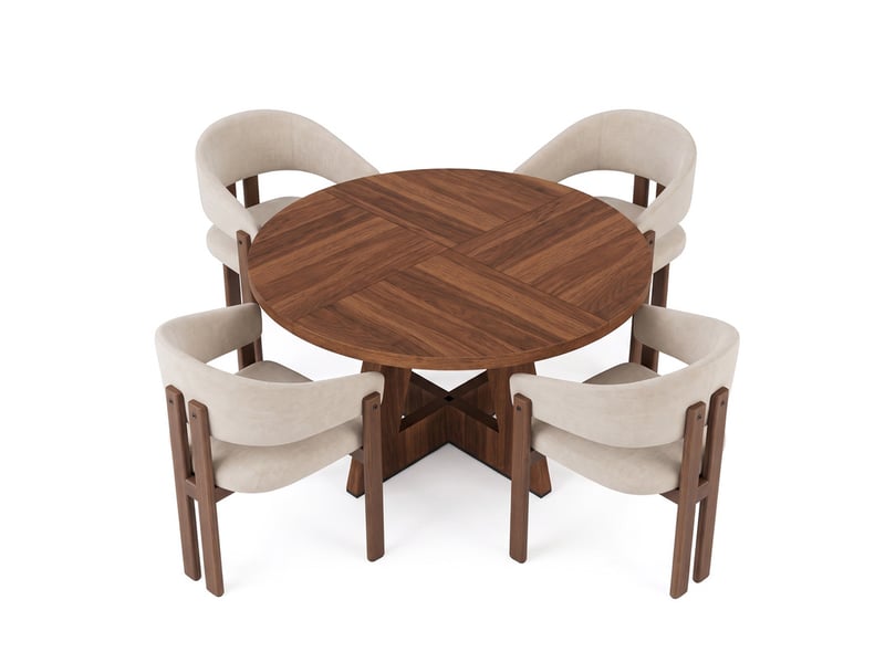  Ensemble table et chaises 4-6 pers, table ronde noyer 120cm design scandinave, 4 chaises métal effet boislin noyer  - Conforama A