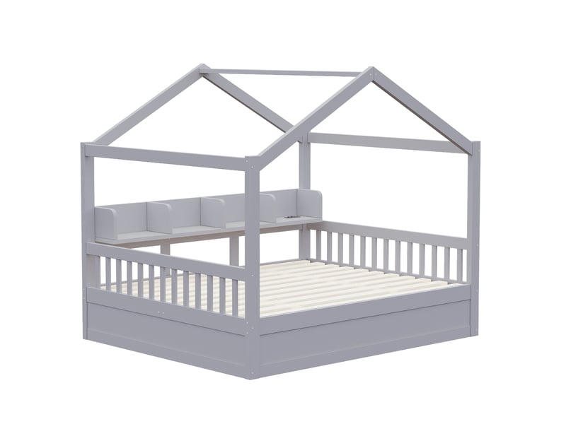  Lit cabane enfant 140 x 200 cm avec coffre hydraulique, rangements, barrière de sécurité, led et prises, en bois gris  - Conforama D