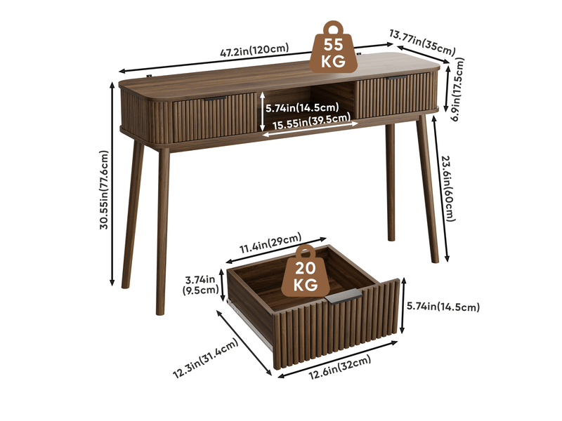  Table console avec 2 tiroirs et niche ouverte 120 cm noyer evryae  - Conforama E