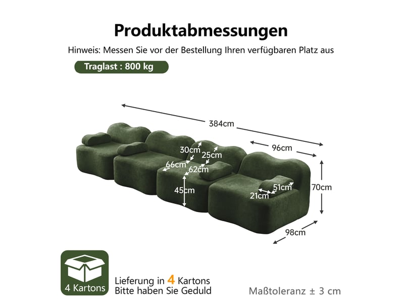  Canapé 4 places - 384x98x70 cm - canapé droit modulable velours, mousse 32d, sans structure rigide et coussins amovibles - vert  - Conforama E