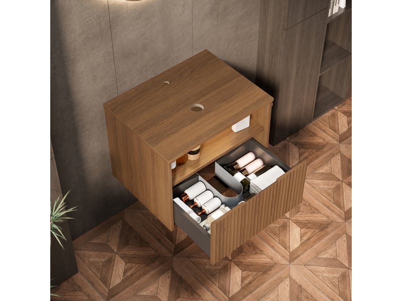  Meuble sous vasque mural avec 1 tiroir et niche ouverte en contreplaqué chêne brun pour salle de bain 60 × 46 × 46,8 cm  - Conforama B
