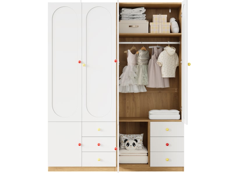  Lot de 2 armoires penderies 160x50x200 cm blanches en mdf, 2 portes par armoire, 3 tiroirs et tringle de rangement  - Conforama A