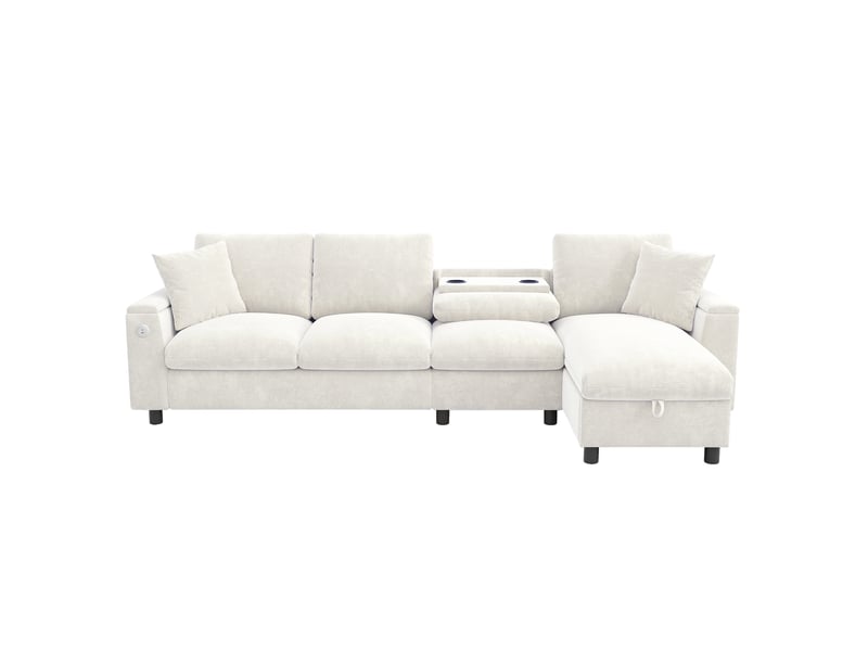  Canapé d'angle convertible réversible 4 places, chenille beige, 280x137x84 cm, avec rangement, porte-boissons, port usb et type-c  - Conforama A