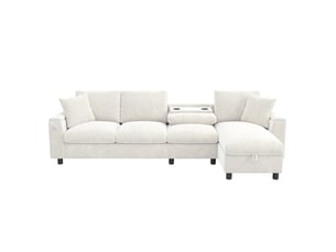 Canapé d'angle convertible réversible 4 places, chenille beige, 280x137x84 cm, avec rangement, porte-boissons, port usb et type-c