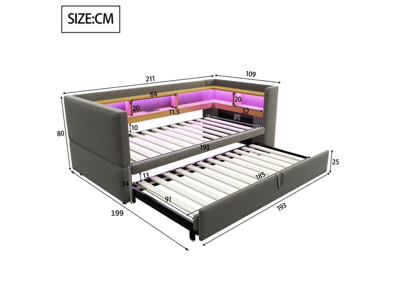 Canapé-lit extensible 90180 x 190 cm gris foncé avec led, prises et étagères - Conforama E