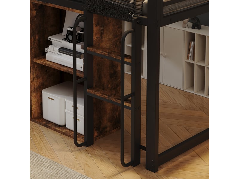  Lit mezzanine 120 x 200 cm - avec prise de courant et lumière led - avec casiers et compartiments de rangement ouverts - noir (matelas non inclus)  - Conforama R