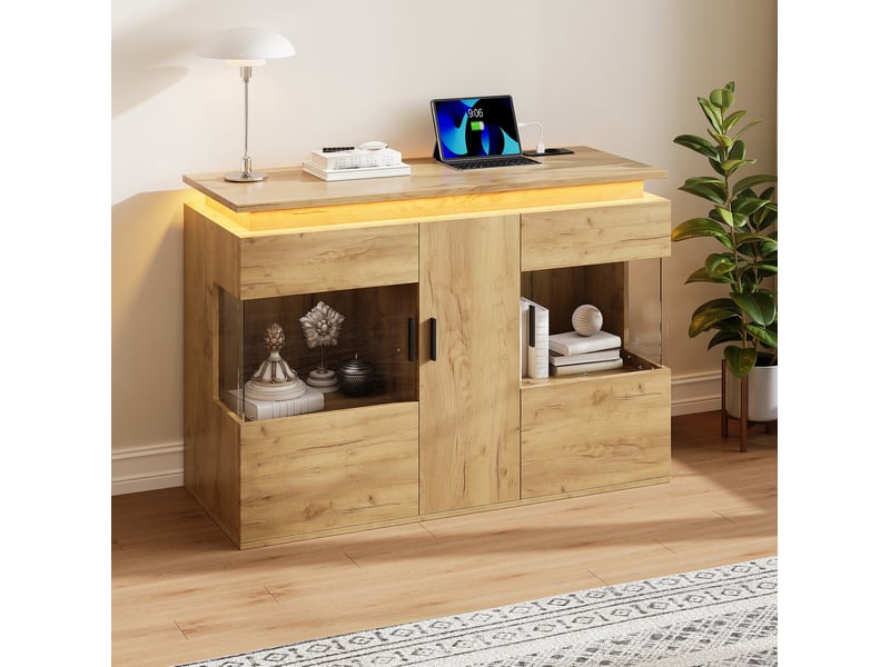 Buffet de rangement avec 3 portes, led et station de charge usb-c pour salon et salle à manger en bois chêne clair - Conforama D