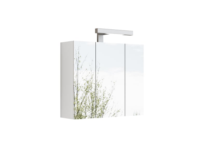 Meuble miroir salle de bain mural 60cm blanc led, prise fr, 3 portes, préassemblé - Conforama D
