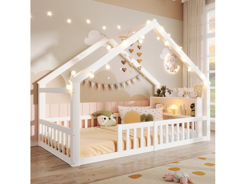  Lit enfant 90 x 190 cm maison avec led, étagères et barrières de sécurité, blanc  - Conforama E