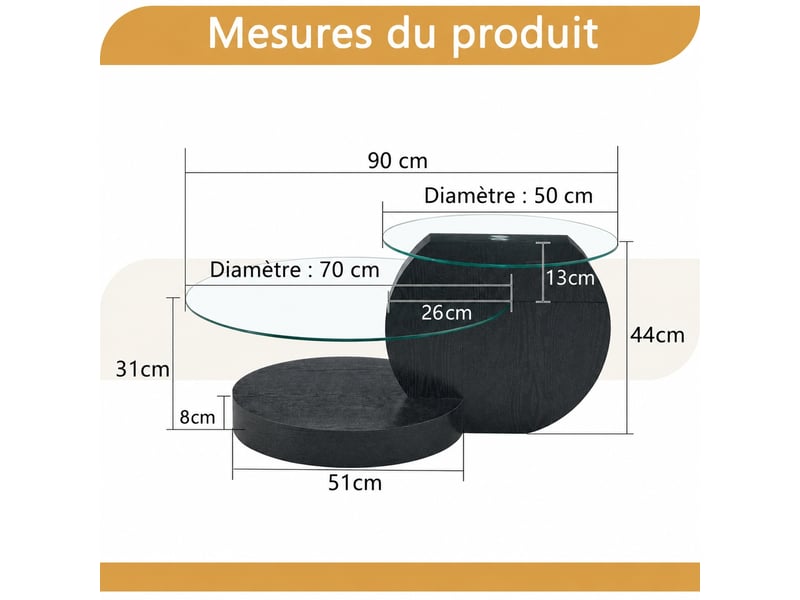  Table basse muvano, table basse en verre de sécurité à 2 niveaux, structure en mdf effet bois noir, 90 x 70 x 44 cm  - Conforama E