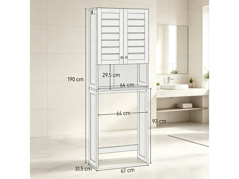 Meuble wc sur toiletteslave-linge, double porte persiennée, rangement gain de place - Conforama C
