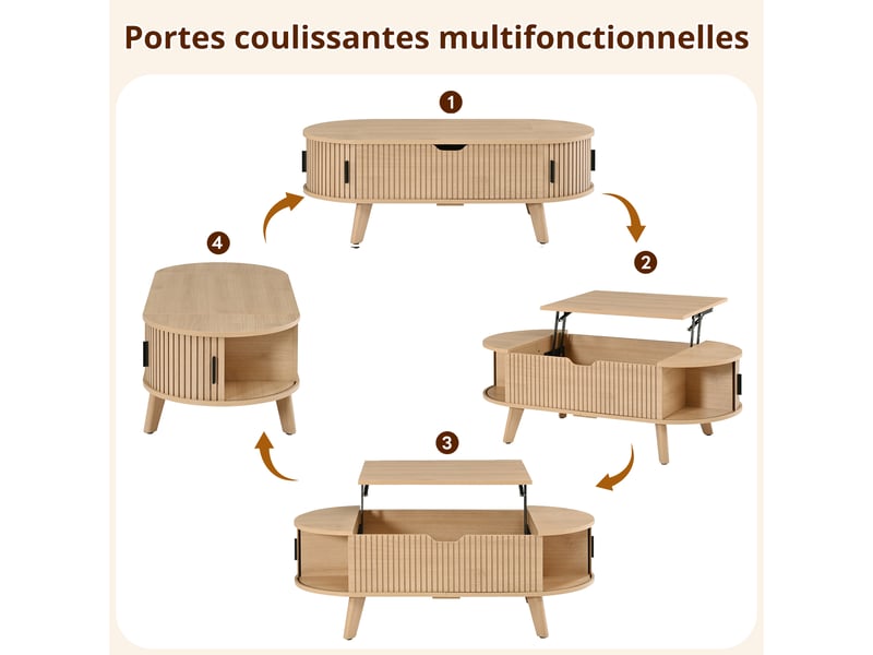 Table basse ovale à plateau relevable avec rangement - lpospi - portes coulissantes mdf naturel 110 × 50 × 53,5 cm - Conforama E