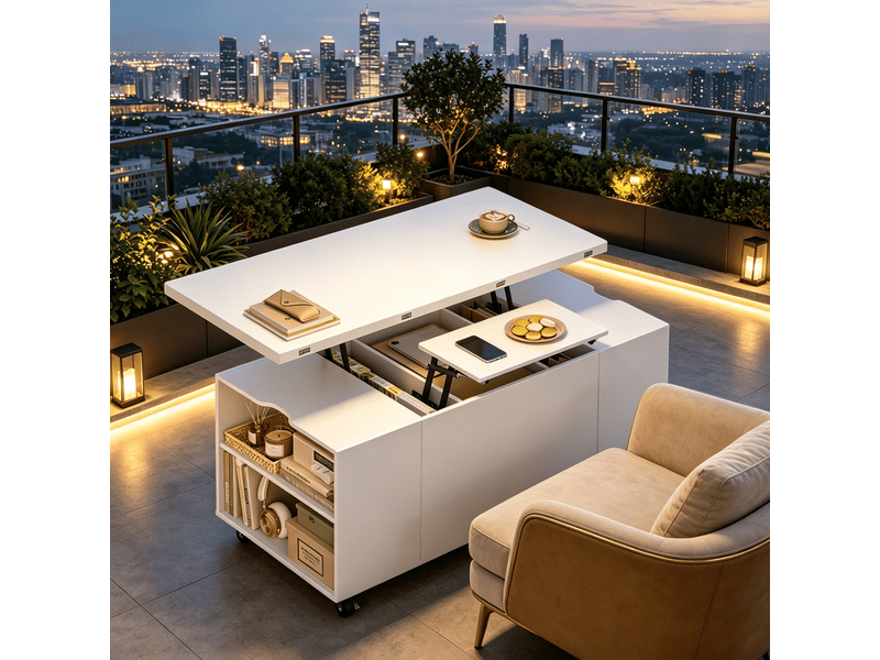  Table basse 50,5x100x53 cm, plateau escamotable, roulettes verrouillables, table basse salon, en bois et métal, blanc  - Conforama D