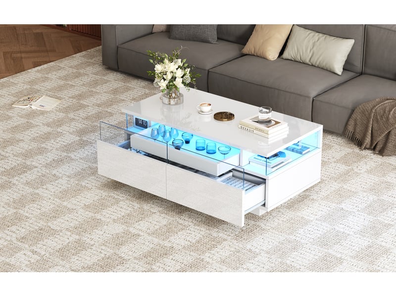  Table basse 90x45x35,5cm plateau amovible 2 tiroirs acrylique verre trempé led pilotable panneau de particules blanc  - Conforama B