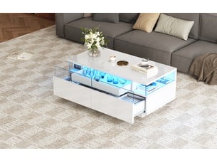 Table basse 90x45x35,5cm plateau amovible 2 tiroirs acrylique verre trempé led pilotable panneau de particules blanc