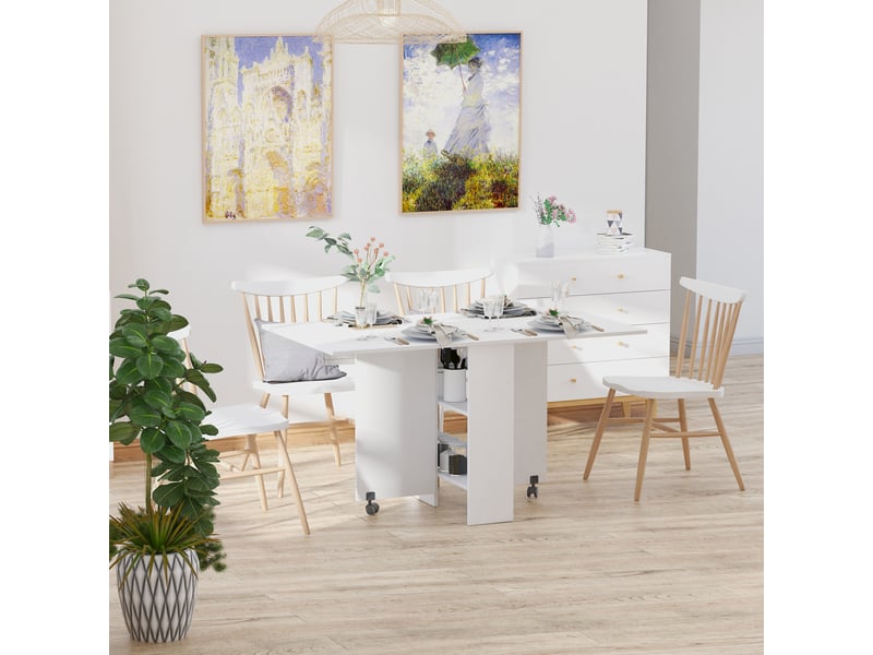  Table de salle à manger pliante, table de cuisine à abattants pour 6 personnes, table place avec 2 étagères ouvertes et roulettes verrouillables  - Conforama C