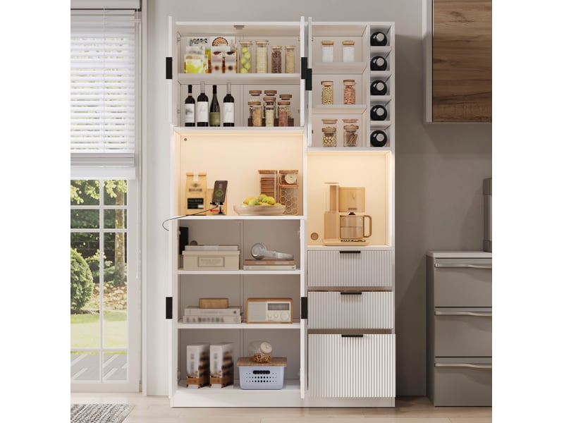  Buffet de cuisine modenvie 105 x 40 x 180 cm avec led, prises, 3 tiroirs, range-bouteilles, étagères réglables, mdf blanc  - Conforama E