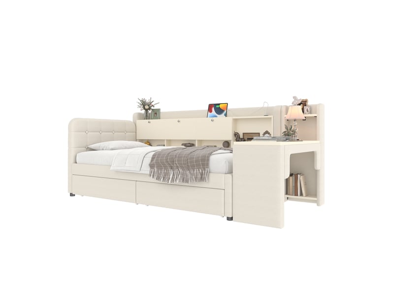 Lit banquette beige 90x200 cm avec bureau, 2 tiroirs, rangements, usb et type-c - Conforama D