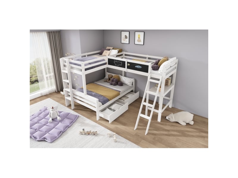  Lit triple superposé 140x200 + 90x200 cm – tiroirs, bureau, étagère – pin blanc  - Conforama W