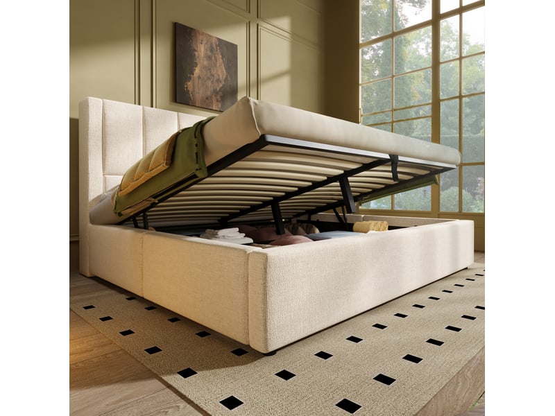 Lit coffre 2 places 160x200 cm, sans matelas, lin beige, espace de rangements, porte-gobelet, style moderne, type-c, doté de port usb - Conforama B