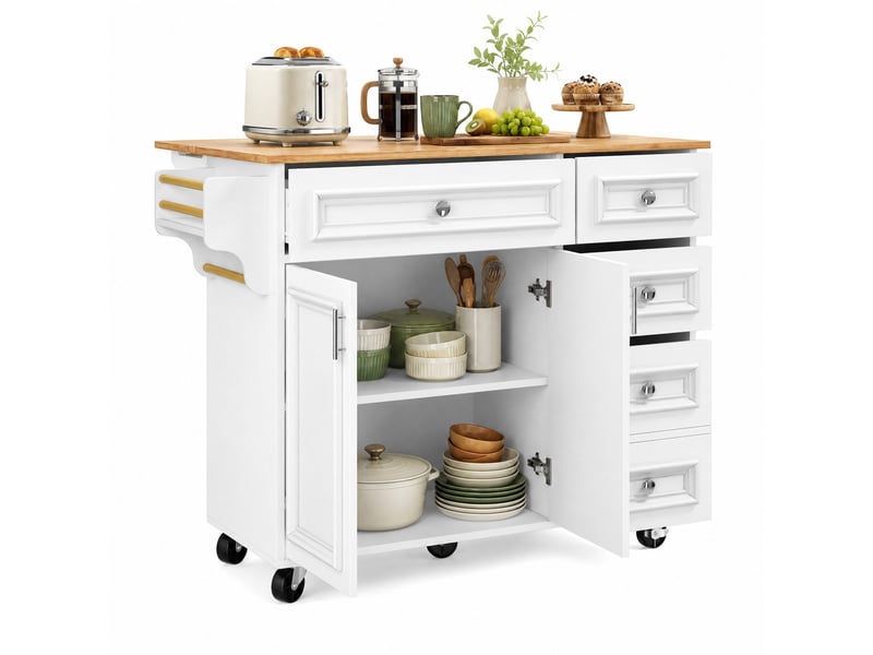  Desserte de cuisine 110 x 75 x 92 cm blanche en mdf, plateau rabattable, rangements modulables sur roulettes  - Conforama A