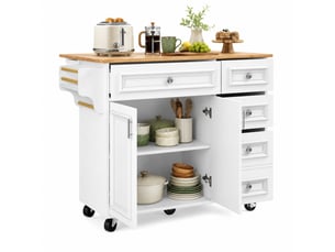 Desserte de cuisine 110 x 75 x 92 cm blanche en mdf, plateau rabattable, rangements modulables sur roulettes
