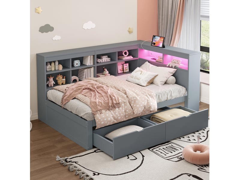  Modenvie lit banquette 90x200 cm - avec rangements, led et port usb - pour petit espace - gris  - Conforama B