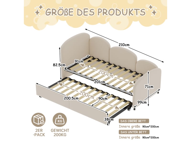  Lit enfant 90x200 cm, avec tiroir et tête de lit, en métal, beige, sans matelas  - Conforama D