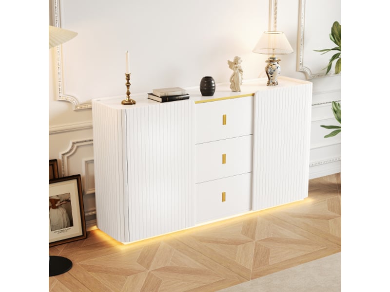 Buffet led 150.5x35x80 cm avec 2 portes et 3 tiroirs en panneau de particules couleur blanc, design moderne - Conforama D