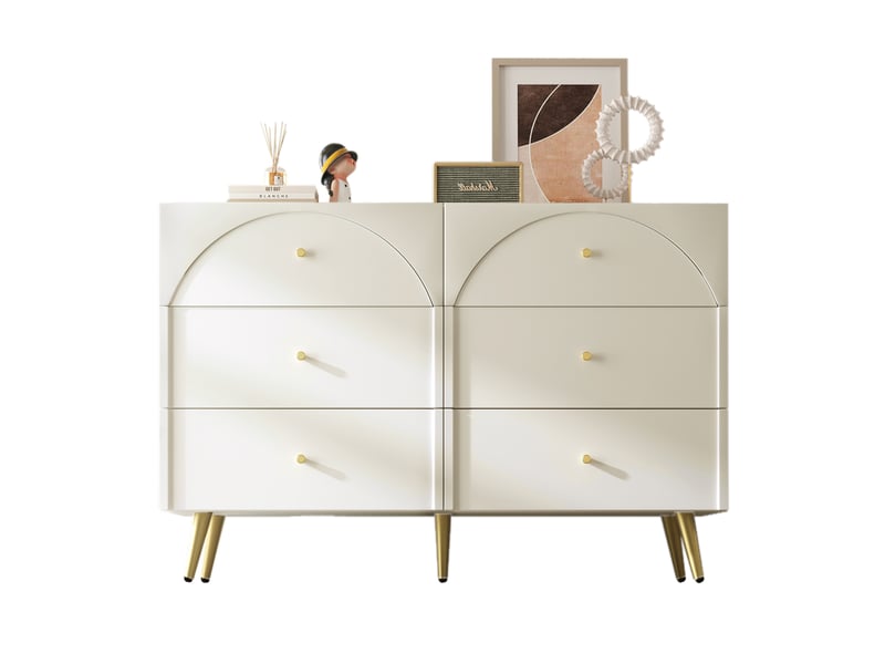 Commode avec 6 tiroirs à façades cintrées, pied réglable pour chambre en bois et métal, 120×40×85 cm crème et blanc  - Conforama A