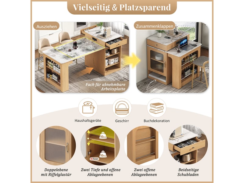  Îlot de cuisine sur roulettes table extensible 80 x 71-151 cm multiprise tiroir chêne naturel  - Conforama E