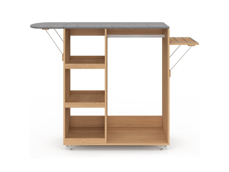  Table à repasser pliable à roulettes avec étagères réglables et barre de penderie façon hêtre  - Conforama C