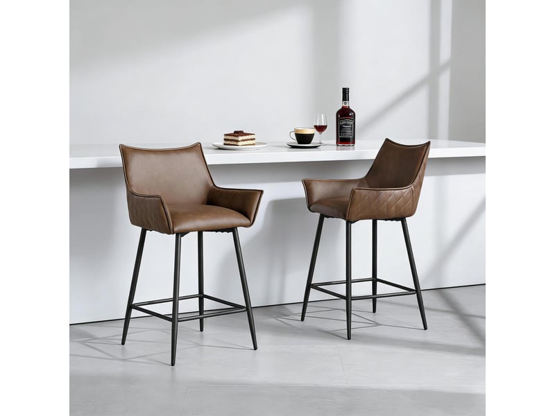  Lot de 2 tabourets de bar vintage 51 x 49 x 90 cm - dossier et accoudoirs incurvés - assise en similicuir pu - pieds en métal - marron  - Conforama E