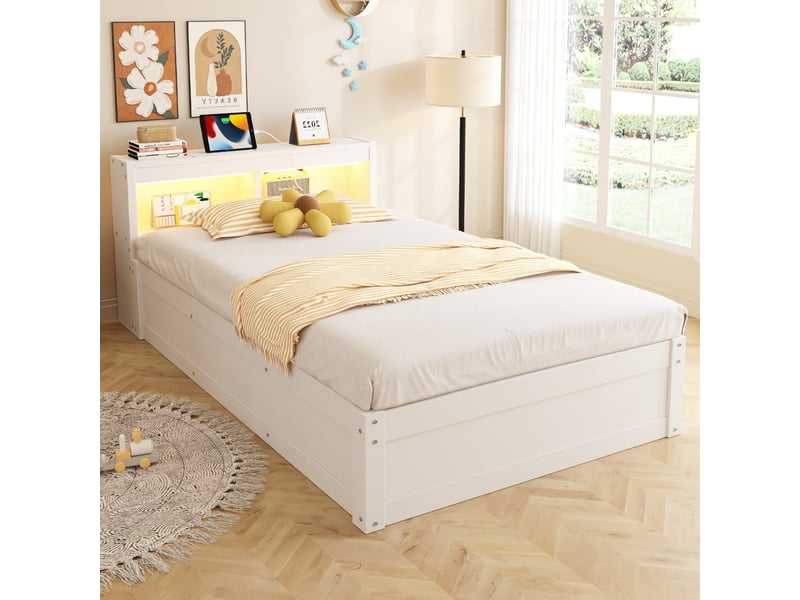  Lit banquette 90x200 cm avec rangements led multicolore prise euro mécanisme hydraulique bois massif blanc  - Conforama D