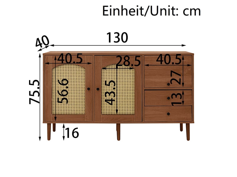  Buffet style campagne avec portes en rotin – 130 x 40 x 75,5 cm – rangement réglable, finition bois  - Conforama D